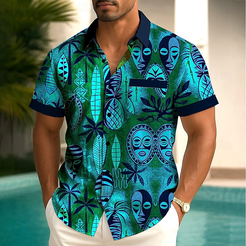 Men's Tribal Mask Ethic / African Shirt Summer Shirt Button Up Shirt Short Sleeve Vintage Retro Outdoor Vacation Dailywear Summer Spring Turndown 3D Print Collared Shirts Front One Pocket Blue Green
