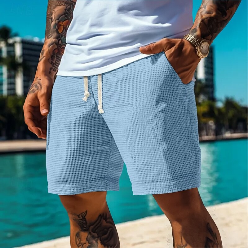 Men's Waffle Shorts Sweat Shorts Beach Shorts Running Shorts Gym Shorts Elastic Waist Drawstring Plain Comfort Knee Length Outdoor Casual Daily Vacation Classic Style White Blue2