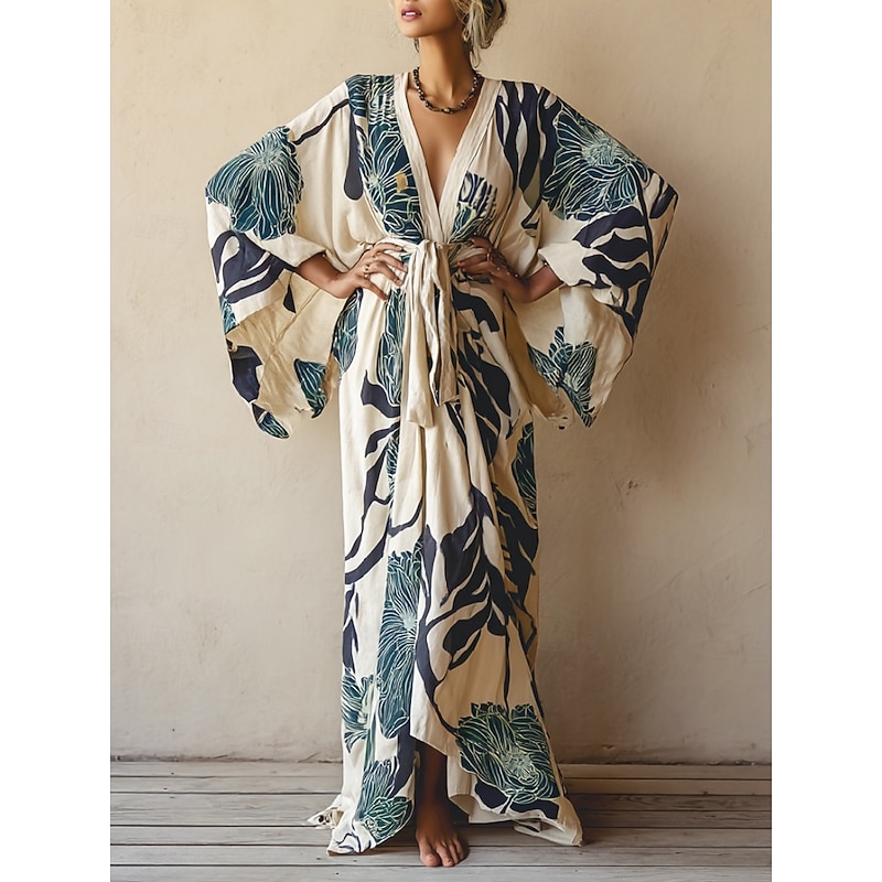 Women's Long Dress Maxi Dress Boho Dress Casual Dress Swing Dress Summer Dress Vintage Vacation Daily Beach Regular Fit Floral Long Sleeve V Neck Blue Summer Spring Fall