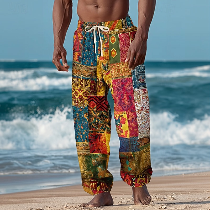 Men's Color Block Patchwork Ethnic Trousers Baggy Pants Casual Pants Mid Waist Vintage Retro Outdoor Vacation Elastic Drawstring Waist Linen-Like Pants with Pockets Summer Spring Fall 3D Print Yellow2