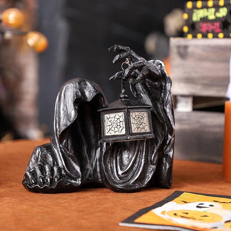 Halloween Resin Figurine Creative Ghost Night Light Grim Reaper Statue Spooky Resin Craft for Halloween Party Tabletop Decoration Haunted House Holiday Home Decor Ornament
