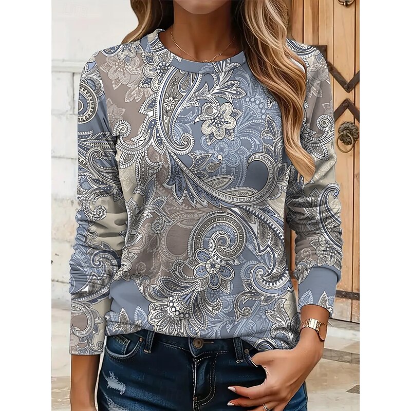 Women's T shirt Long Sleeve Crew Neck Long Sleeve Tunic Graphic Paisley Vintage Stylish Basic Round Neck Regular Tops Daily Weekend Print Yellow Pink Blue Purple Green Spring, Fall, Winter,  Prefall
