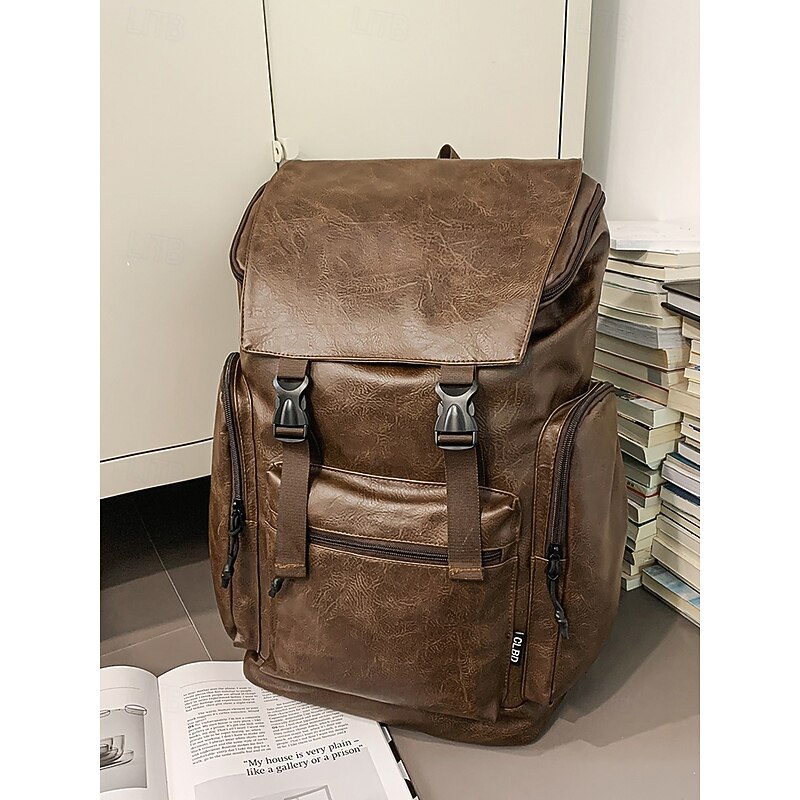 Men's Vintage Faux Leather Backpack – Large Brown Travel Laptop Bag with Side Pockets for Work, School & Daily Commute4
