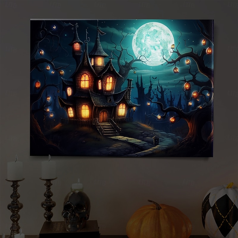Halloween Full Moon Haunted Village LED Canvas Wall Art - Battery Operated Lighted Wall Decor for 2025 Halloween home decoration light livingroom and bedroom