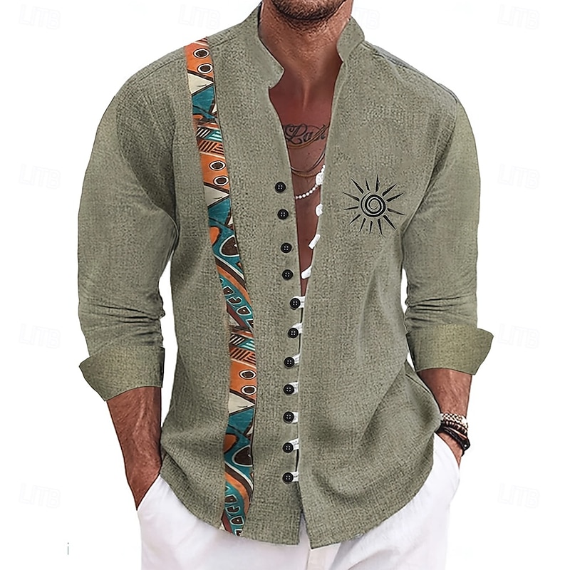 Men's Sun Ethnic Indian Culture Shirt Stand Collar Shirt Long Sleeve Vintage Retro Vacation Daily Wear Going out Spring Fall Mandarin Collar Band Collar Button-Down Linen Like Shirt Blue Dark Green