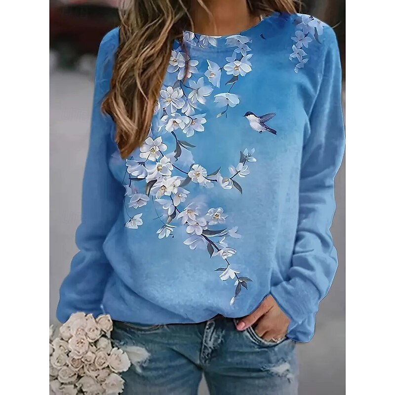 Women's Pullover Sweatshirt Floral Graphic Animal Casual Long Sleeve Crew Neck Round Neck Regular Tops Street Casual Holiday Print Blue Spring Fall Winter - Main Image