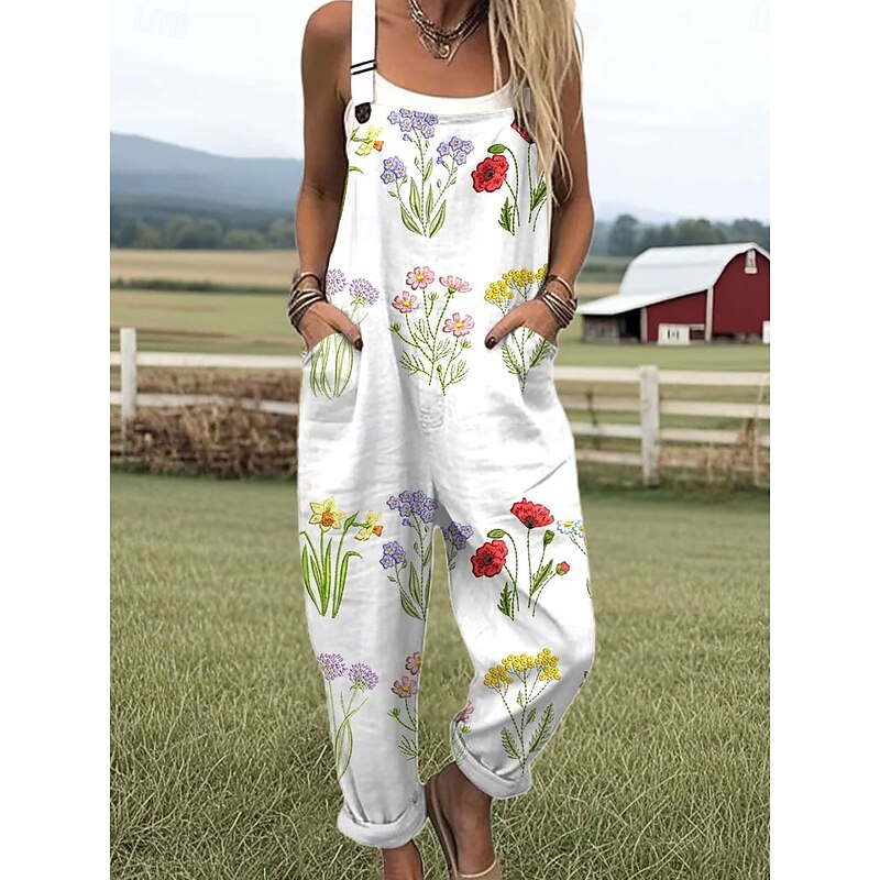 Women's Jumpsuit Active Floral Sleeveless Straight with Pocket Vacation Street Loose Fit White Yellow Pink Summer3