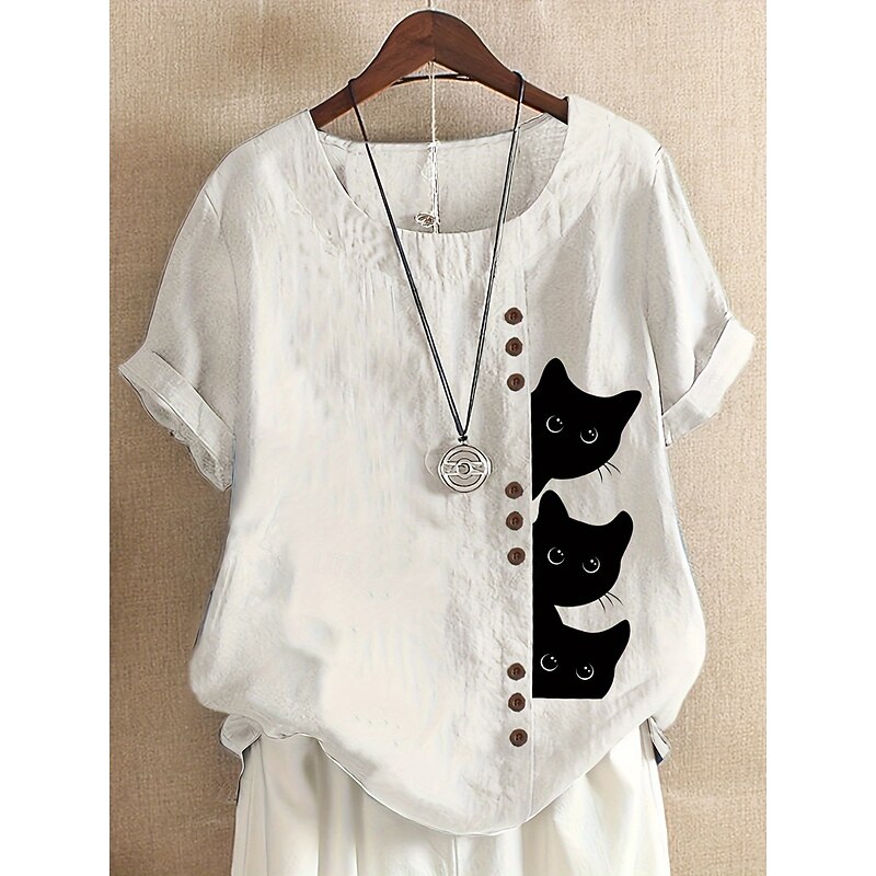 Women's Cotton Linen Shirts Animal Cat Elegant Daily Stylish Short Sleeve Crew Neck Regular Tops Daily Holiday Vacation Wear Buttons White Yellow Navy Blue Blue Purple Summer Spring