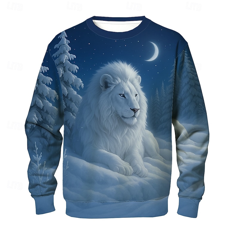 Men's Lion 3D Sweatshirt Casual Long Sleeve Crew Neck Blue Crewneck 3D Graphic Fall Winter Designer