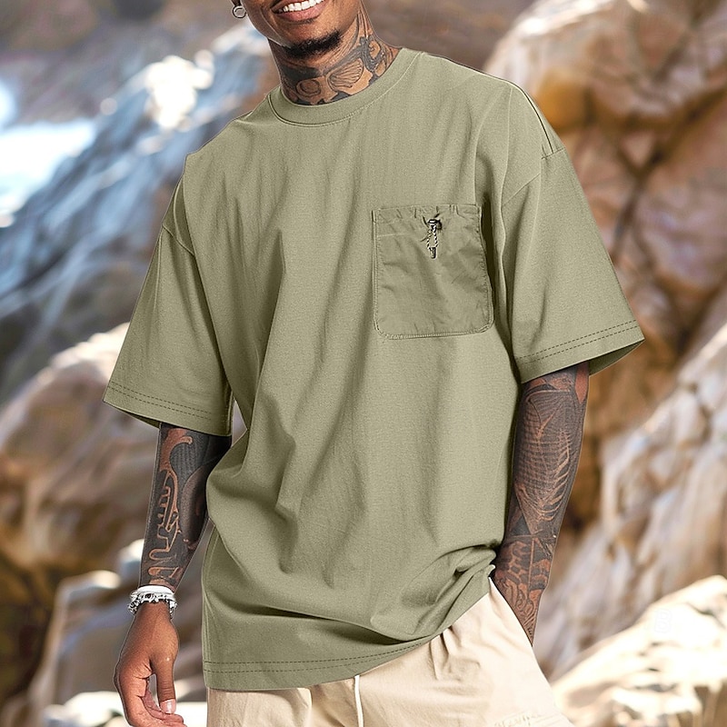 Men's Short Sleeve Shirt Tee Top Short Sleeve Crew Neck Summer Solid Color Daily Street Style Pocket Elastic Drawstring Design Outdoor Street Causal Drak Gray Green Navy Blue Top Tee for Men2
