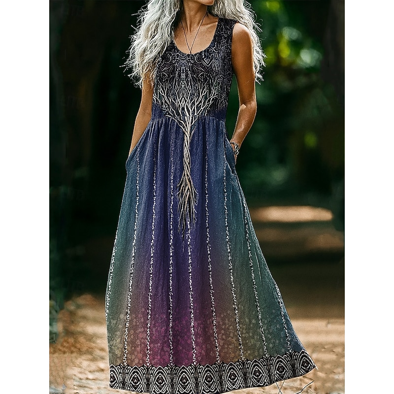 Women's Tree of Life Dress Sundress A Line Dress Slip Dress Pleated Dress Vacation Casual Boho Daily Holiday Beach Loose Fit Graphic Sleeveless U Neck Blue Purple Gray Summer Spring