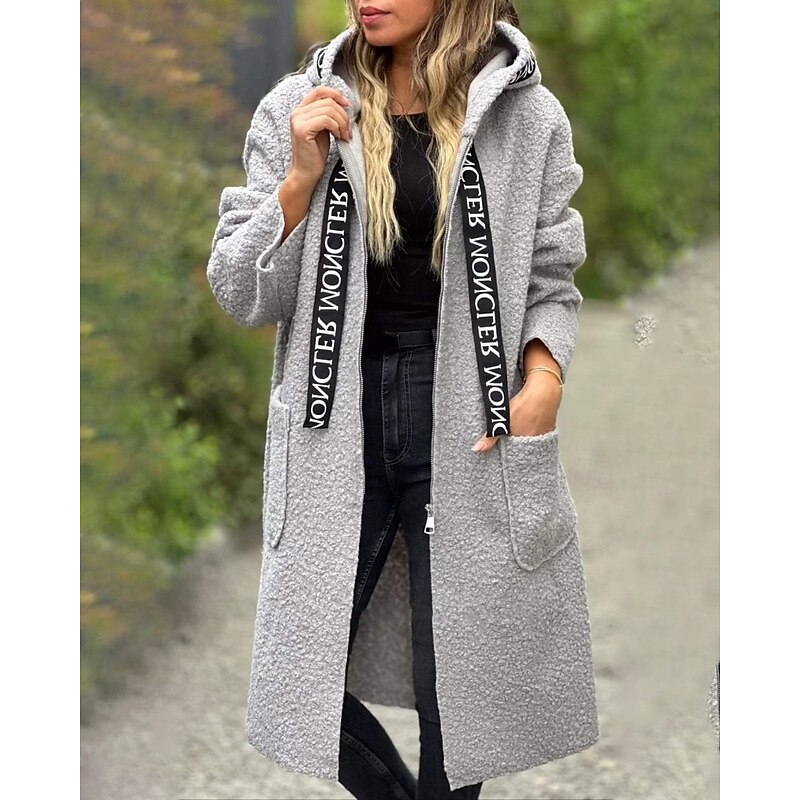 Women's Coat Warm Comfortable Pocket Fashion Letter Going out Weekend Zipper Long Hooded Regular Fit Long Sleeve Outerwear Rose Gold Black White Fall Winter