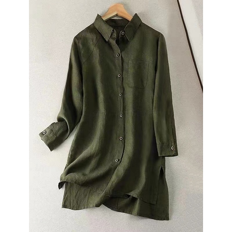 Women's Cotton Linen Shirts Solid Color Stylish Basic Casual Long Sleeve Shirt Collar Long Tops Daily Buttons White Army Green Khaki Summer Fall2