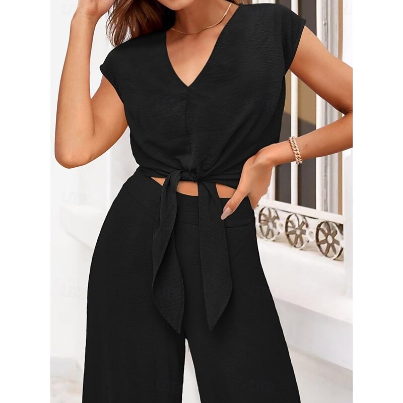 Women's Fashion Streetwear Daily Pants Sets Short Sleeve V Neck Solid Color Lace up Casual Daily Black Dark Navy Navy Blue Summer Regular Fit2