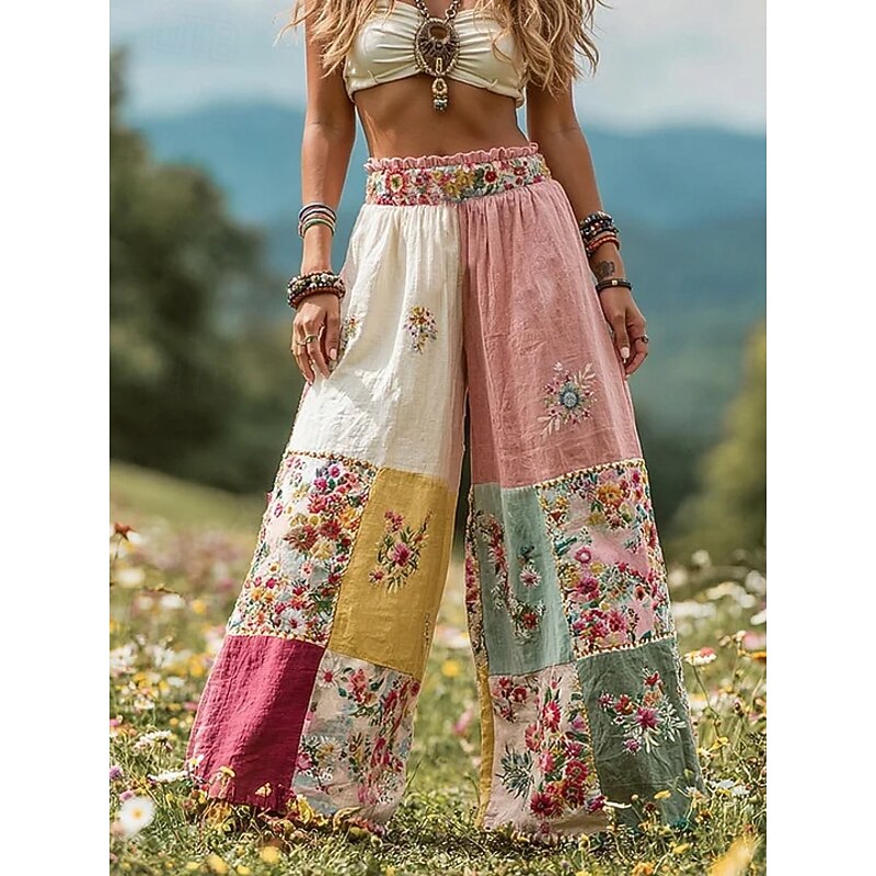 Women's Culottes Wide Leg Vacation Vintage Ethnic Style Full Length High Waist Floral Graphic Quick Dry Breathability Soft Inelastic Formal Outdoor Vacation Pink Red Summer Spring2