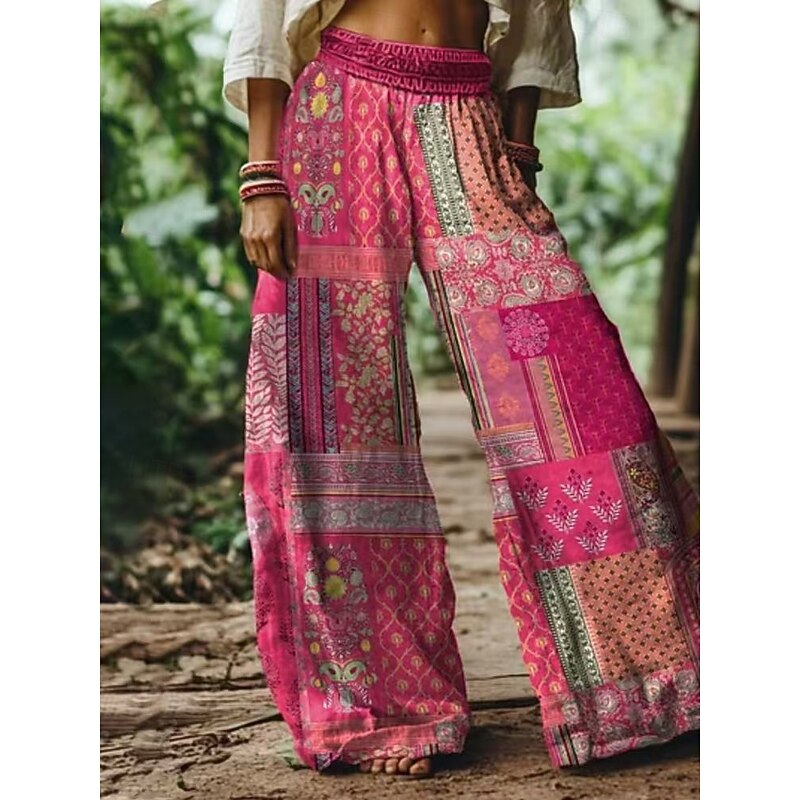 Women's Cotton Linen Pants Wide Leg Pants Trousers Bohemian Casual Long High Waist Floral Elastic Waist Printing High Cut Breathability Soft Micro-elastic Vacation Street Daily Wear White Pink Blue4