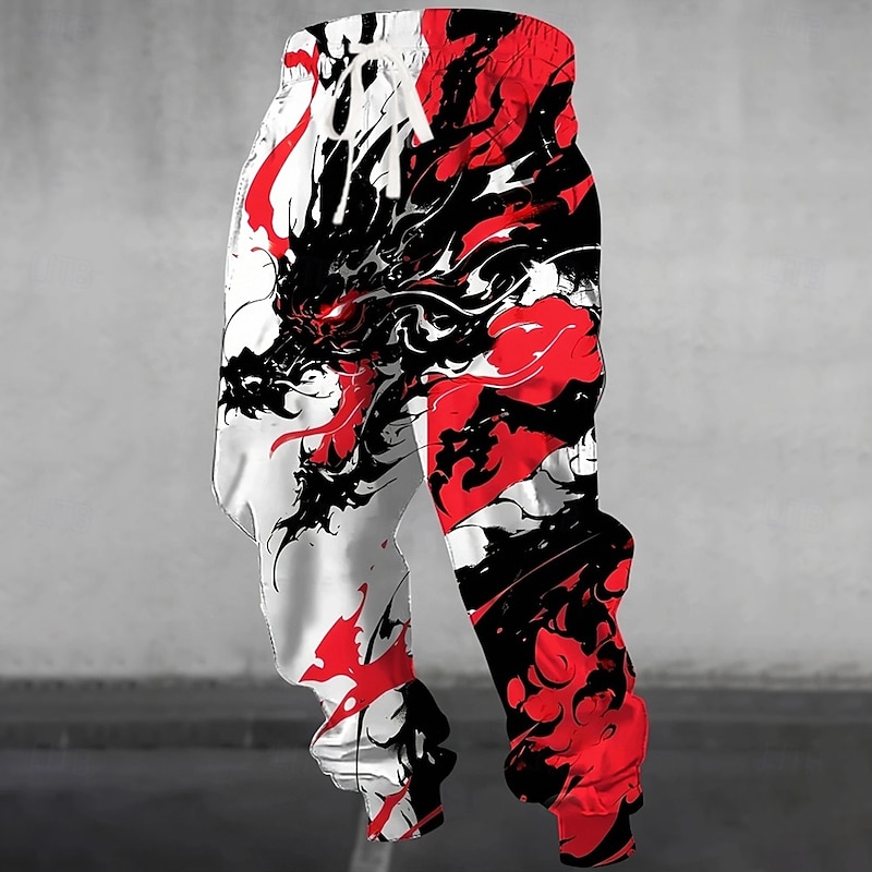 Men's Animal Dragon Dark Sweatpants Joggers Trousers Mid Waist Drawstring Elastic Waist Casual Jogging Streetwear Workout Athletic Sweatpants with Pockets Spring Fall 3D Print White4