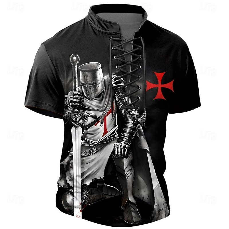 Halloween Men's Knights Templar Gothic Horror Henley Shirt T shirt Tee Short Sleeve T shirt 3D Print Crew Neck Lace Up Neck Henley Shirt Casual Street Sports Outdoor Casual Black Blue Green Summer