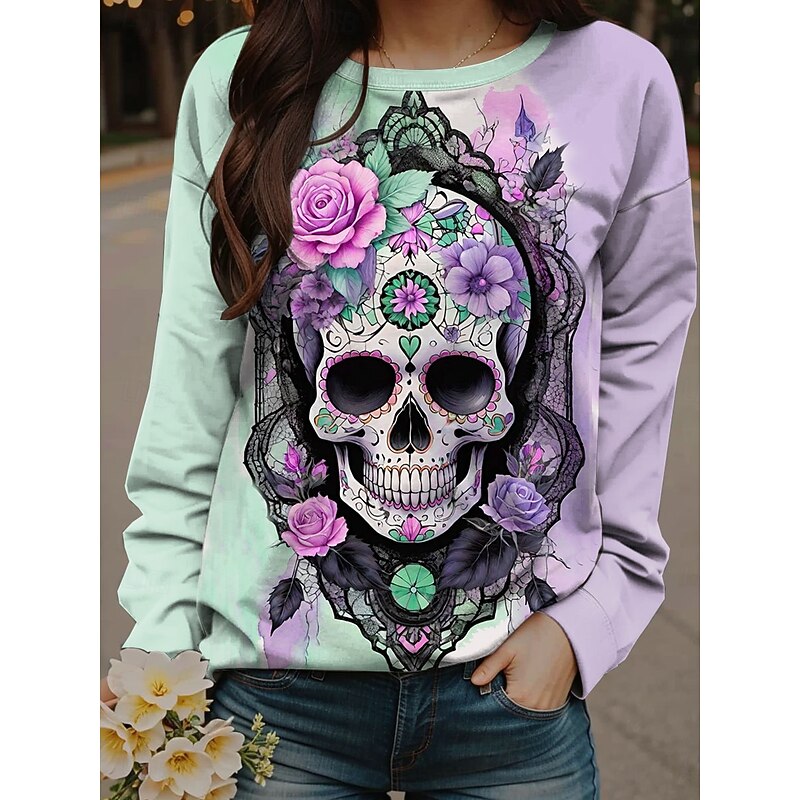 Halloween Women's Sweatshirts Floral Skulls Graphic Casual Long Sleeve Crew Neck Regular Tops Street Dailywear Print Green Spring Fall Winter