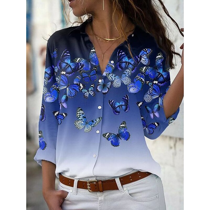 Women's Shirt Button Down Tunic Shirt Collar Long Sleeve Ombre Floral Graphic Vintage Daily Stylish Regular Tops Work Daily Holiday s Print Black Royal Blue Blue Purple Spring Fall4