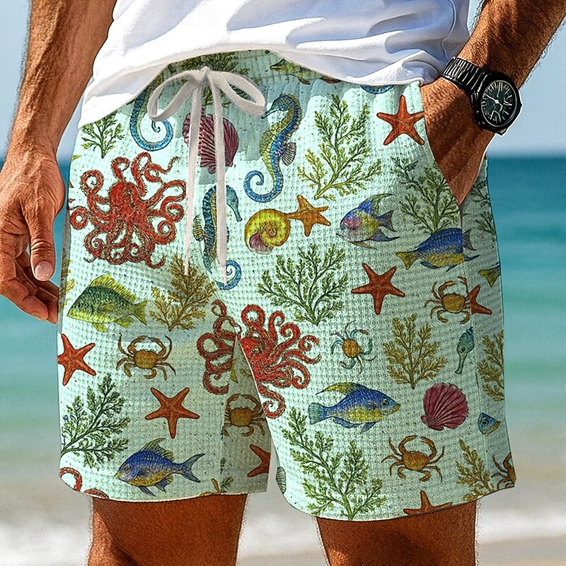 Men's Octopus Shell Sea Creatures Waffle Shorts Sweat Shorts Casual Shorts Mid Waist Fashion Casual Vacation Jogging Workout Elastic Drawstring Waist Shorts with Pockets Designer Clothing Apparel3