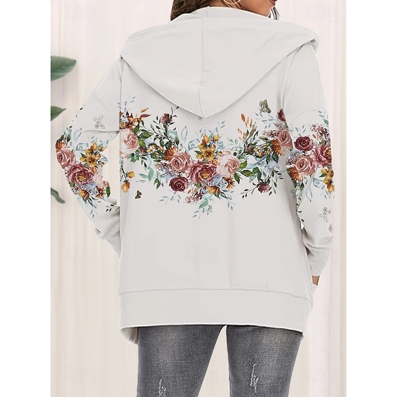 Women's Hooded Sweatshirt Jacket Long Sleeve Zip Up Hoodie With Pocket Lightweight Casual Micro-elastic Floral Graphic Fashion Street Dailywear Pocket Print White Purple Fuchsia Spring Fall4