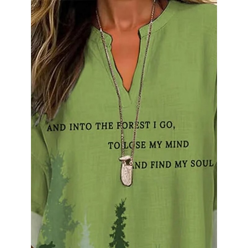 Women's Shirt Tree Letter Daily Casual Long Sleeve V Neck Regular Tops Daily Holiday Buttons Print White Green Spring Fall3