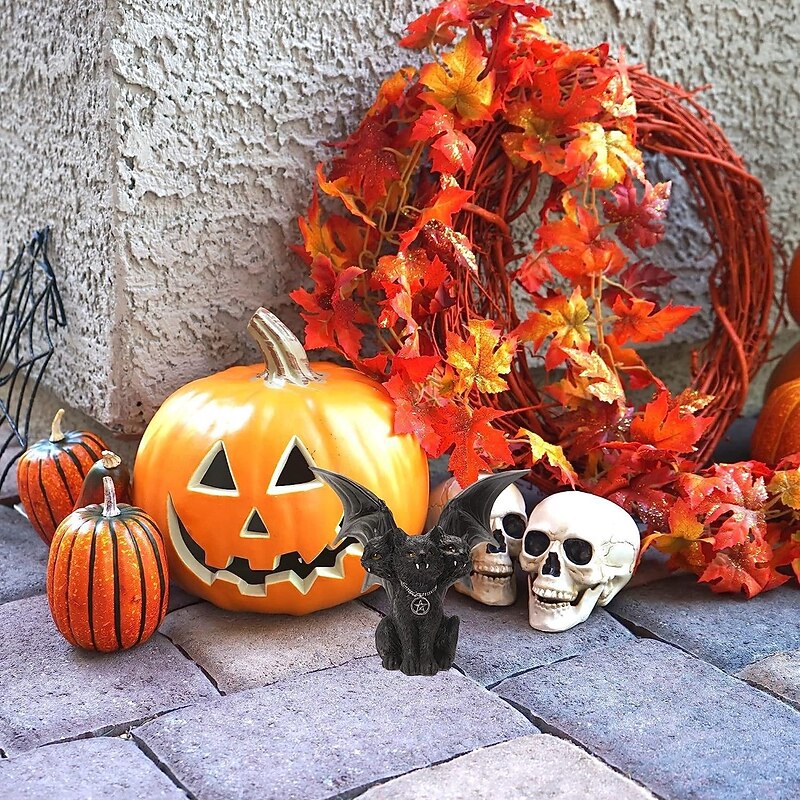 Halloween Black Evil Three-Headed Cat Resin Figurine with Bat Wings, Spooky Gothic Home Decor, Unique Resin Sculpture3