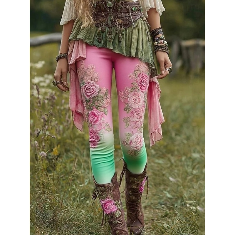 Women's Leggings Vacation Vintage Fashion Ankle-Length High WaistPantsCarnival Floral Graphic Printing Thermal Warm Soft Breathable Stretchy Outdoor Vacation Street Gray Green Amethyst Pink & Yellow4
