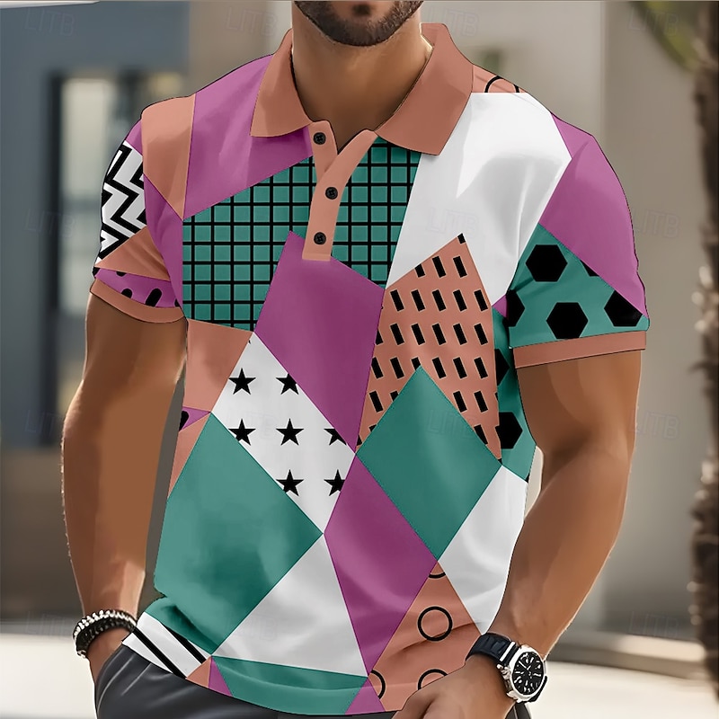 Men's Geometric Color Block Polo Short Sleeve Polo Shirts Collared Shirts Casual Street Athleisure Daily Wear Buttons Summer Pink Purple Green3