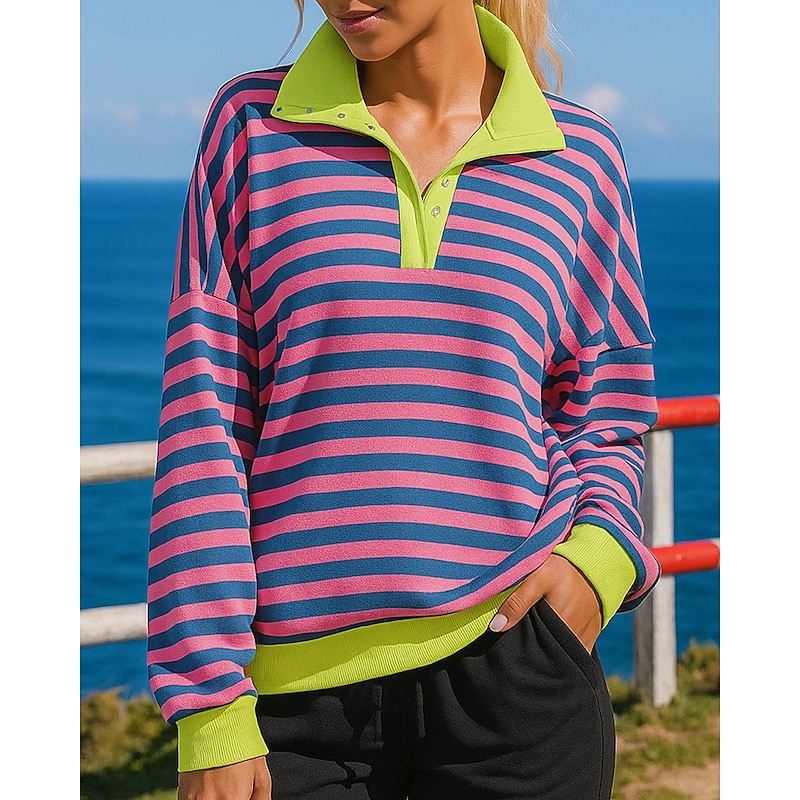 Women's Pullover Sweatshirt Casual Tops Clashing Colors Fashion Long Sleeve Top Athleisure Fall Stripes Windproof Hiking Workout Running Sportswear Activewear Yellow Red Blue3