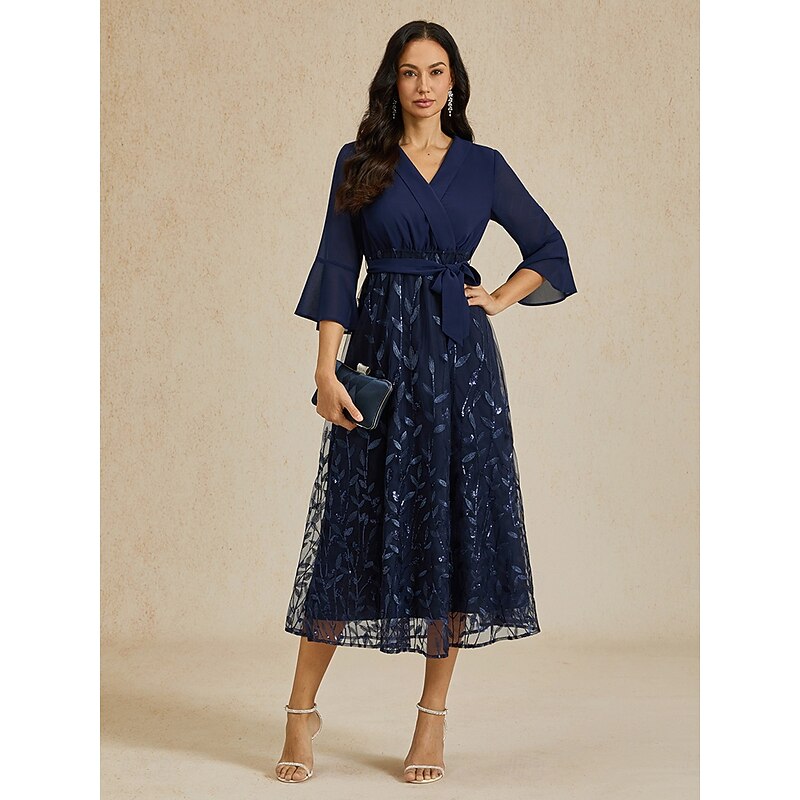 Women's Tea Length A Line Dress Tulle Dress Elegant Party Cocktail Solid Color 3/4 Length Sleeve V Neck Navy Blue Summer Spring