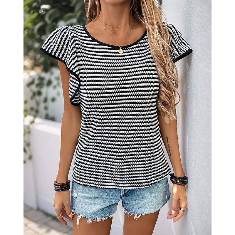 Women's Texture Blouse T Shirt Striped Fashion Modern Short Sleeve Crew Neck Regular Tops Daily Print Black Summer2