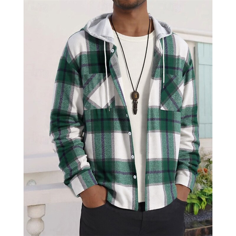 Men's Lightweight Jacket Shirt Jacket Casual Jacket Shacket Vacation Daily Breathable Pocket Spring Fall Plaid Fashion Classic Hooded Regular Wine Red Blue Green Jacket