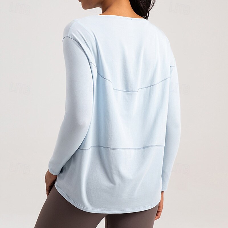 Women's Workout Shirt Breathable Loose Long Sleeve Sports Solid Color Top For Pilates Running Yoga Activewear