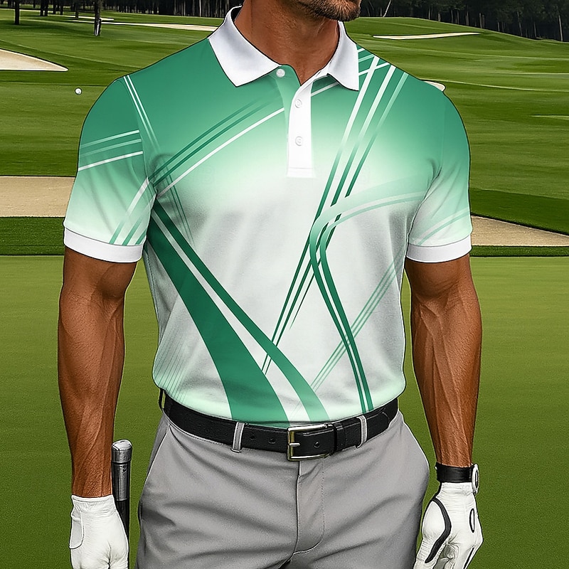 Men's Polo Casual Sports Turndown Short Sleeve Fashion Leisure Geometic Golf 3D Print Buttons Summer Violet Lake Blue Blue Polo3