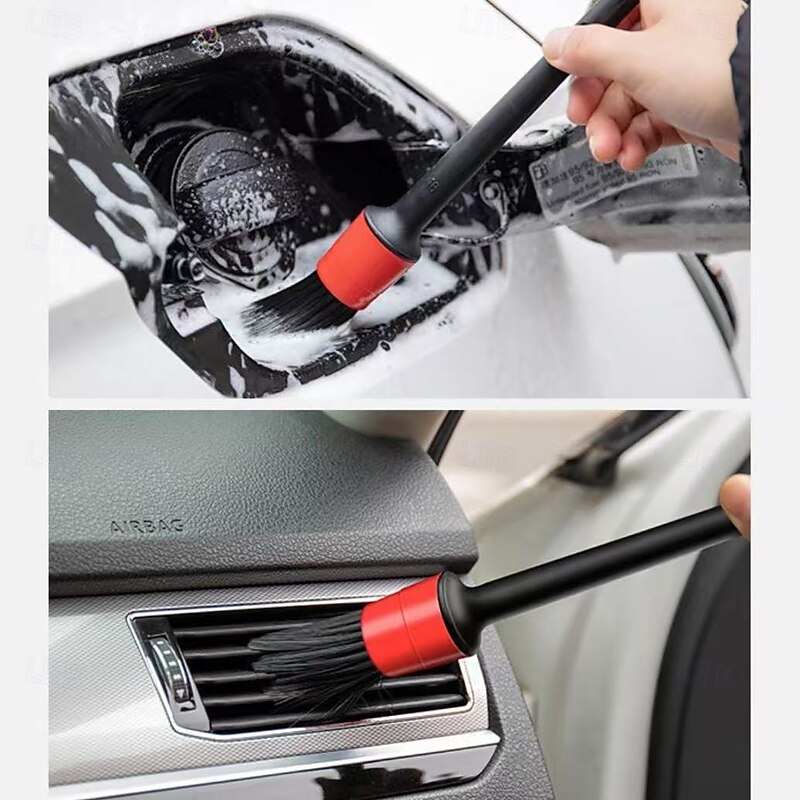 5pcs Car Detail Brush Set with Durable Plastic Handles, Black and Red, Ideal for Dashboard, Vents, Wheels, and More, Stylish Automotive Cleaning Tools2