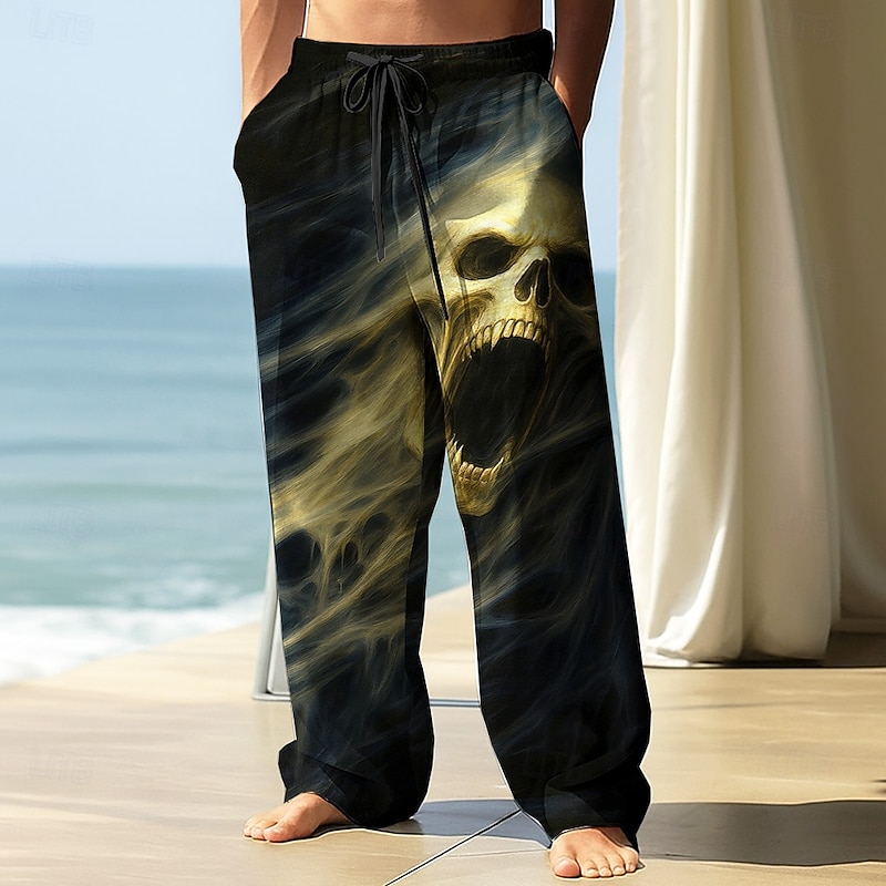Men's Trousers Baggy Pants Casual Pants Elastic Drawstring Waist Linen-Like Pants with Pockets Skull Death Halloween Costumes Full Length Outdoor Holiday Dark Punk Gothic Style Black Red Micro-elastic