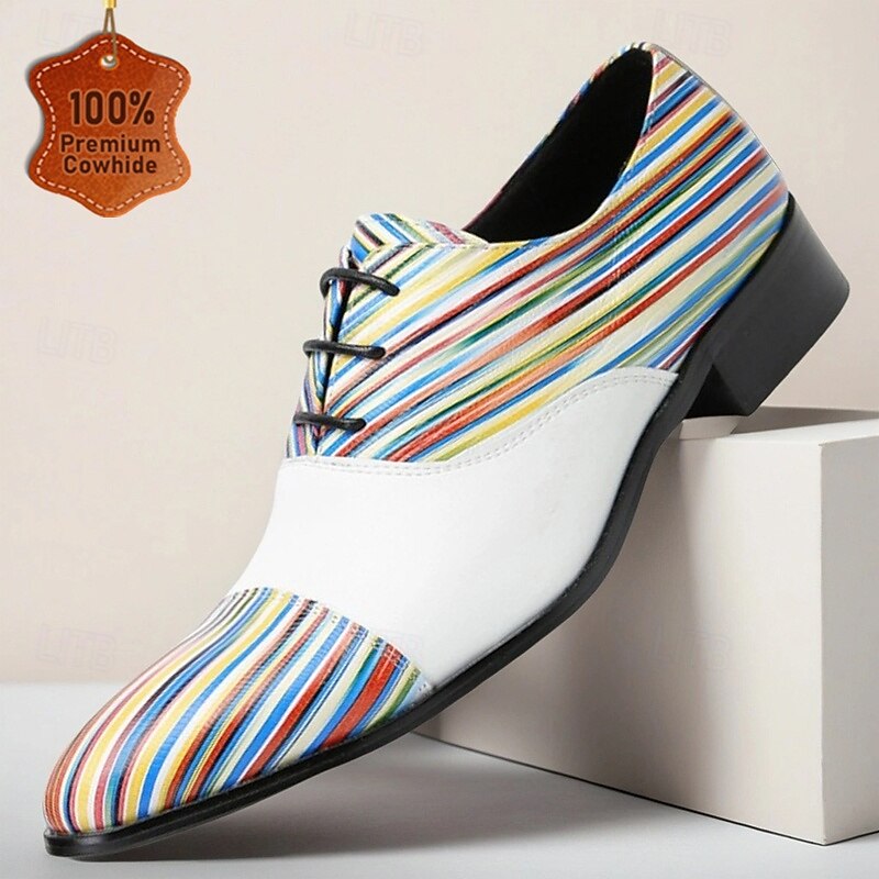 Men's Rainbow Stripe Oxford Shoes in Premium Cowhide Bold Colorblock Design Ideal for Fashion Enthusiasts Performers and Special Occasions