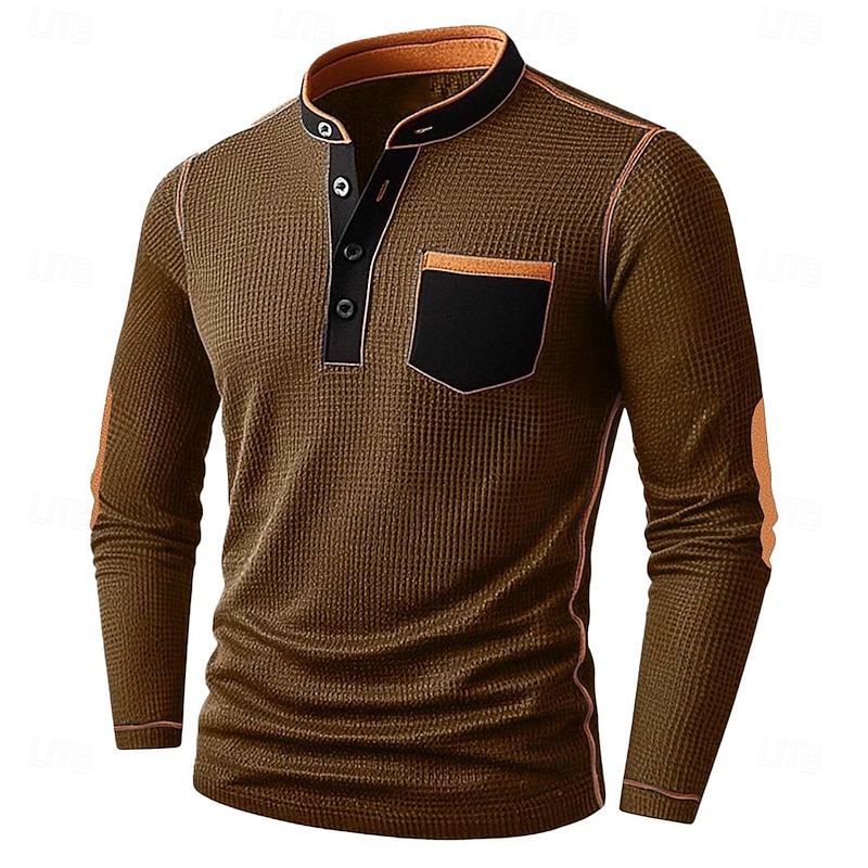 Men's Waffle Henley Shirt Tee Long Sleeve Solid Color Plain Fashion Designer Casual Color Block Buttons Henley Outdoor Casual Daily Summer Fall Winter Black Navy Blue khaki Henley T-Shirt4