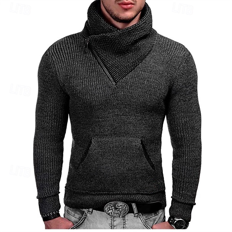 Men's Sweater Pullover Sweater Jumper Ribbed Knit Regular Tops Knitted Slim Fit Plain Shawl Knitwear Fashion Casual Daily Wear Clothing Apparel Winter Black White S M L4