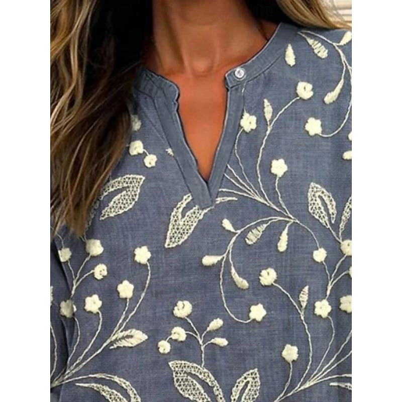 Women's Shirt Floral Daily Casual Long Sleeve V Neck Regular Tops Daily Holiday Buttons Print Gray Spring Fall3