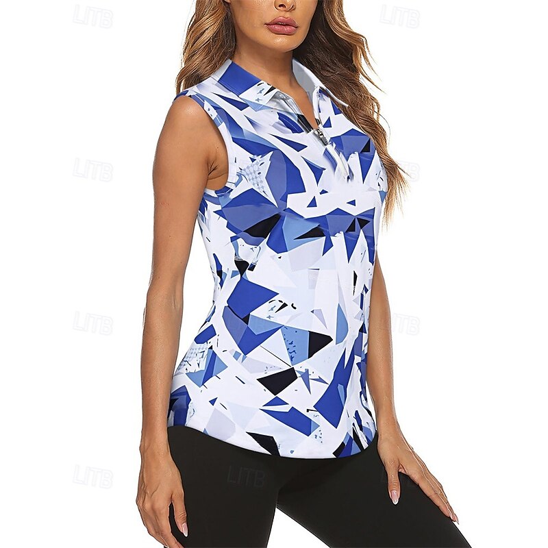 Women's Graphic Geometric Sport Shirt Golf Polo Shirt Tennis Shirt Sleeveless Zipper High Elasticity Moisture Wicking Breathable Tennis Golf Pickleball Turndown Zip Collar Shirt Top Black Blue Tennis