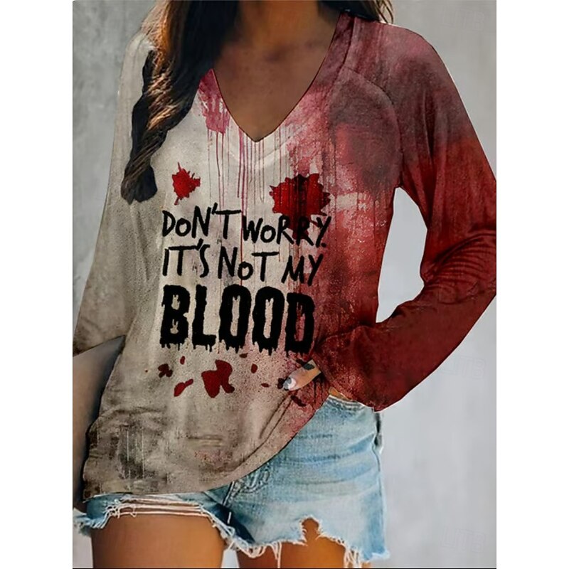 Halloween Women's T Shirt Bloodstain V Neck Long Sleeve Graphic Casual Vintage Stylish Western Regular Tops Daily Weekend Vacation Wear Print Wine Light Brown Spring Fall Witch2