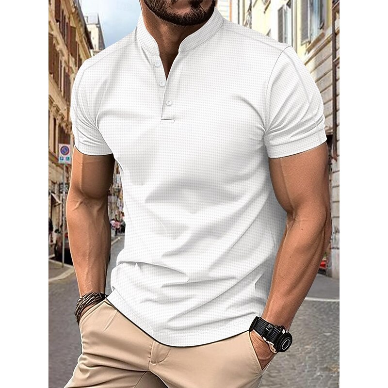 Men's Polo Shirts Collarless Golf Shirts Casual Stand Collar Short Sleeve Basic Comfortable Plain Buttons Summer Spring Regular Fit Black White Navy Blue Gray Polo Shirts4