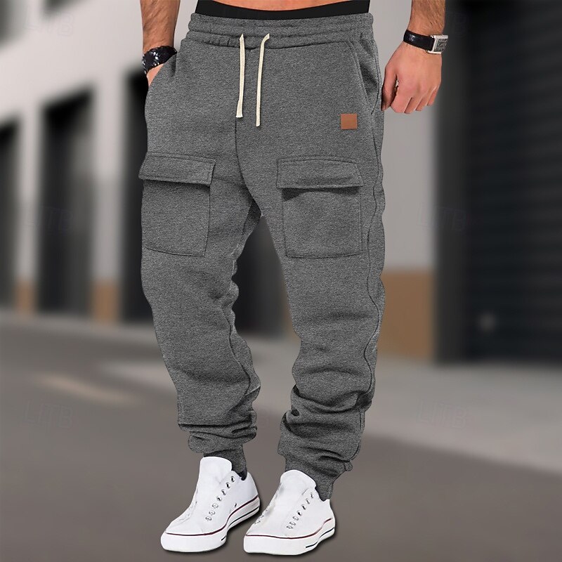 Men's Sweatpants Joggers Trousers Cargo Sweatpants Casual Pants Elastic Waist Drawstring Multi Pocket Solid Colored Comfort Full Length Outdoor Daily Running Vacation Simple Black Blue Stretchy4