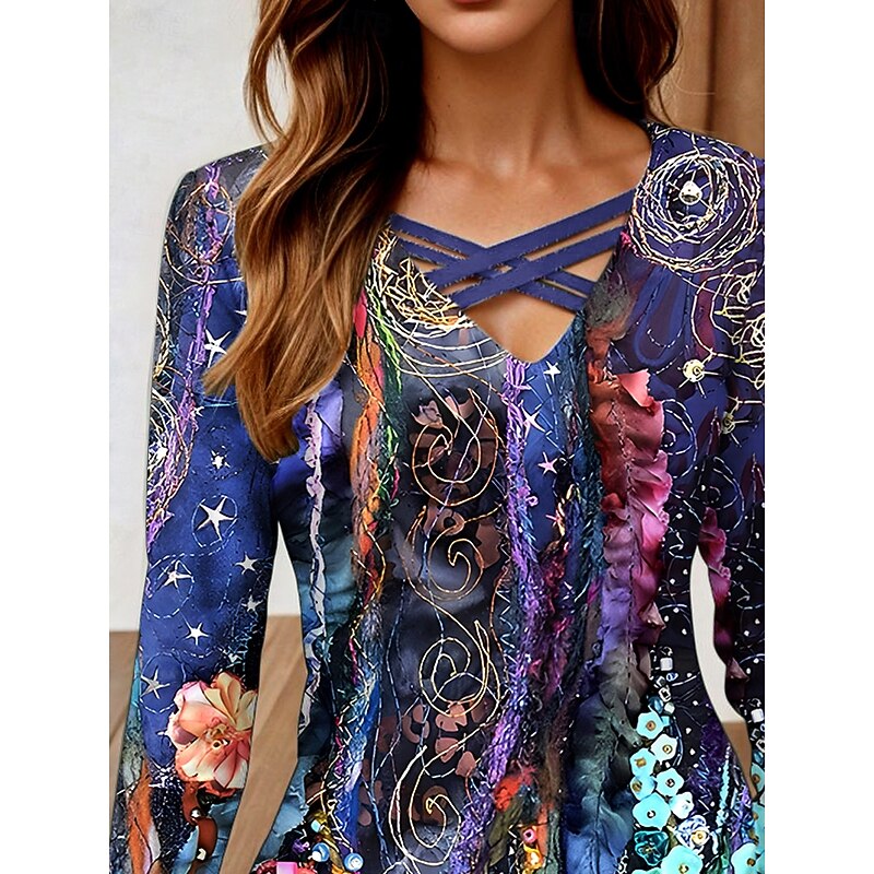 Women's T shirt Long Sleeve Floral Graphic Vintage Stylish Classic Long Sleeve V Neck Regular Tops Daily Cut Out Print Violet Spring Fall Prefall2