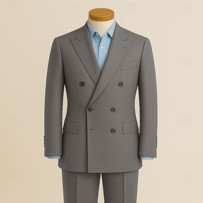 Men's Wedding Party Suits Notch Lapel Grey Business Formal Solid Colored Slim Fit 2 Piece Double Breasted Six-buttons