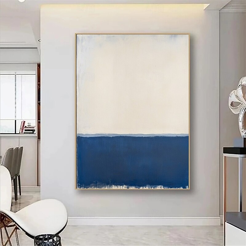 Handmade Modern Abstract painting Wall Art - Hand-Poured Pigment Painting Navy Framed Textured Canvas blue oil painting  for Contemporary Spaces Canvas Paingting