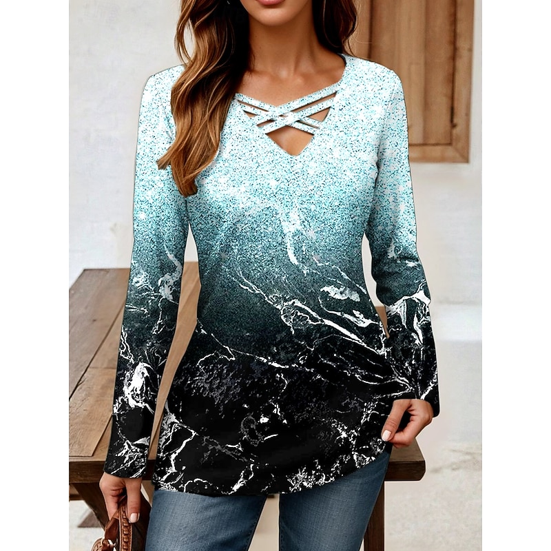 Women's T Shirt Ombre Graphic Abstract Stylish Classic Casual Long Sleeve V Neck Regular Tops Daily Cut Out Print Light Blue Spring Fall